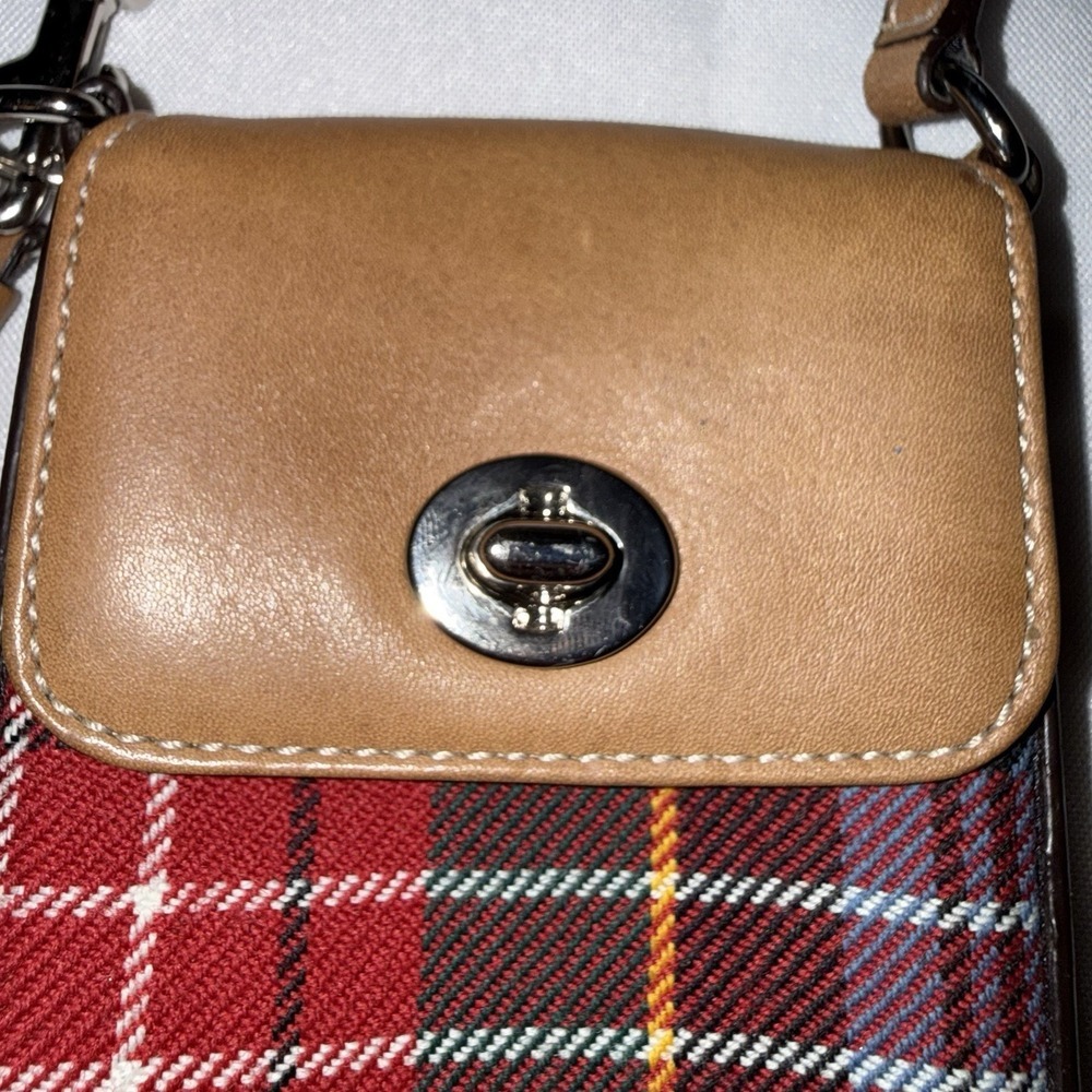 Vintage Coach Plaid Wool Turnlock Top Handle Phone Bag Pouch Bag Charm Tassel - Picture 3 of 14